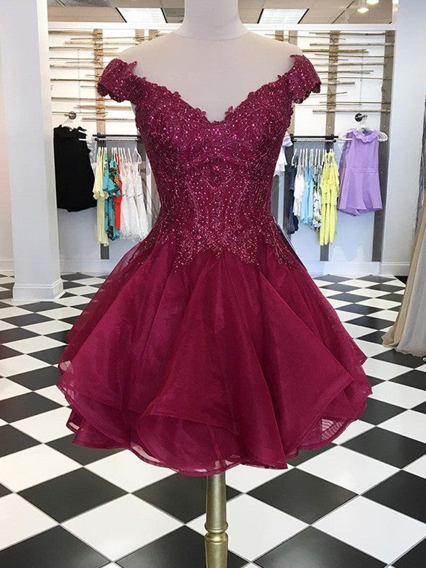 Vestidos de fiesta cortos/mini sin mangas, de organza, con escote en V y cuentas, corte A/princesa